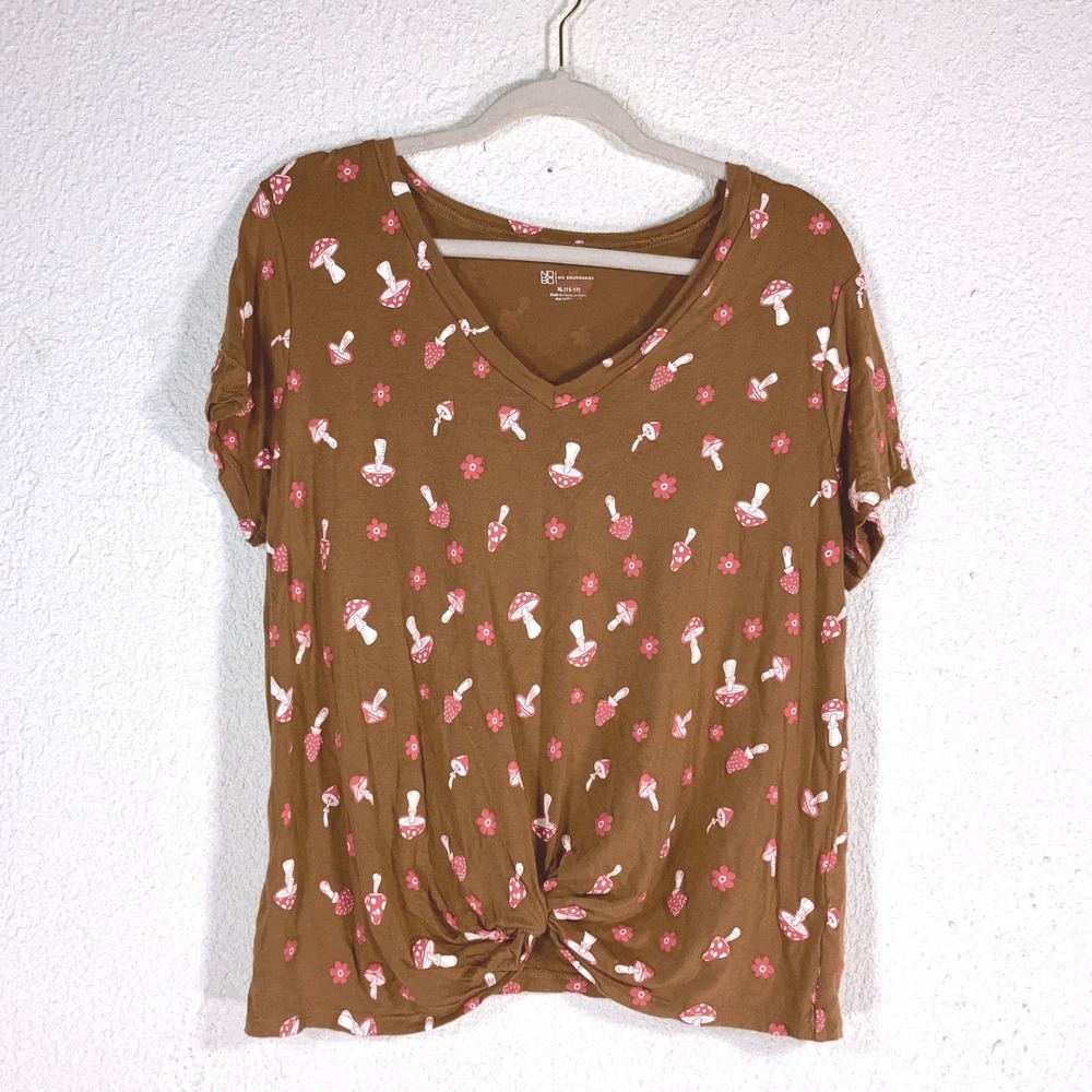 Cottagecore Womens XL Brown Mushroom Floral Print Twist Front V-Neck T-Shirt